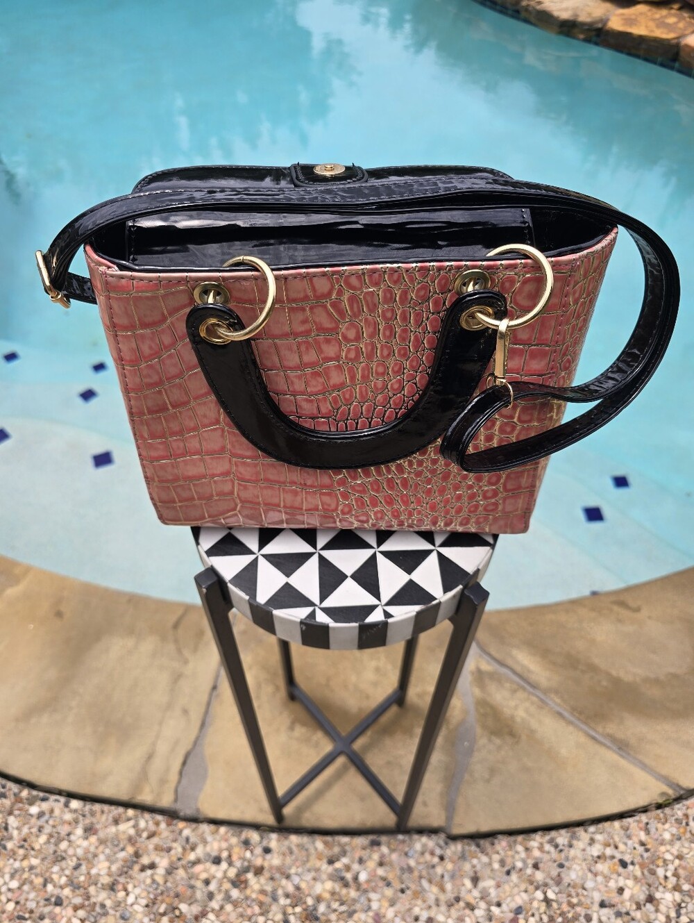 Women’s Pink Croc-Gold Embossed Purse with Black Trim